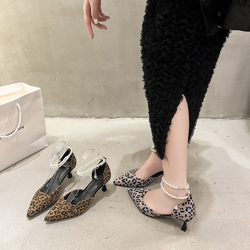 Heel Print Strap Sandals Kitten Ankle Pointed Leopard