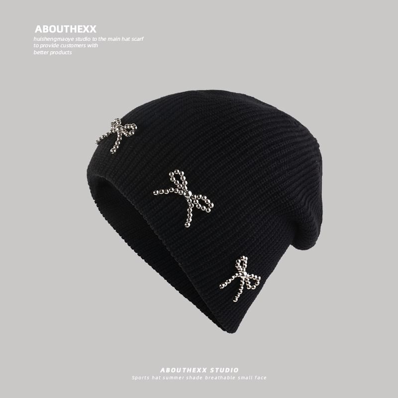 Beanie Knit Metallic Studded Bow