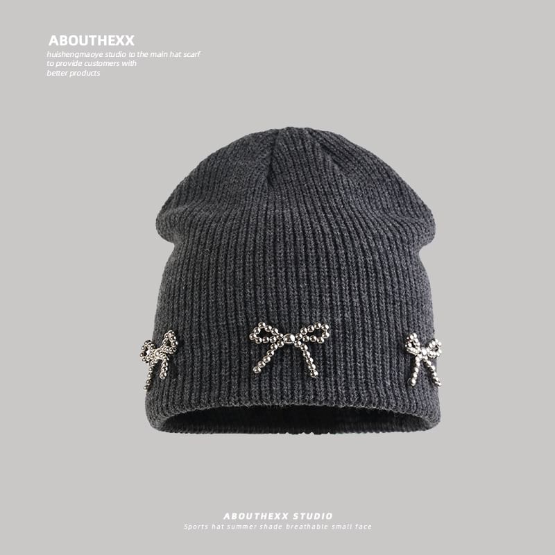 Beanie Knit Metallic Studded Bow