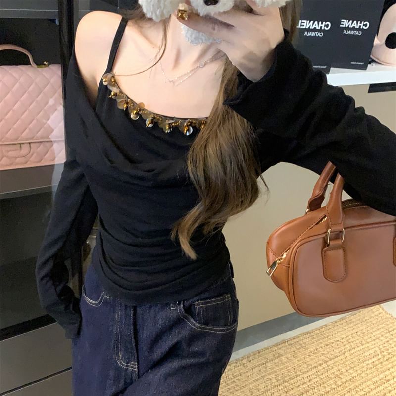 Shoulder Long Piece Top Sleeve Mock Off Two