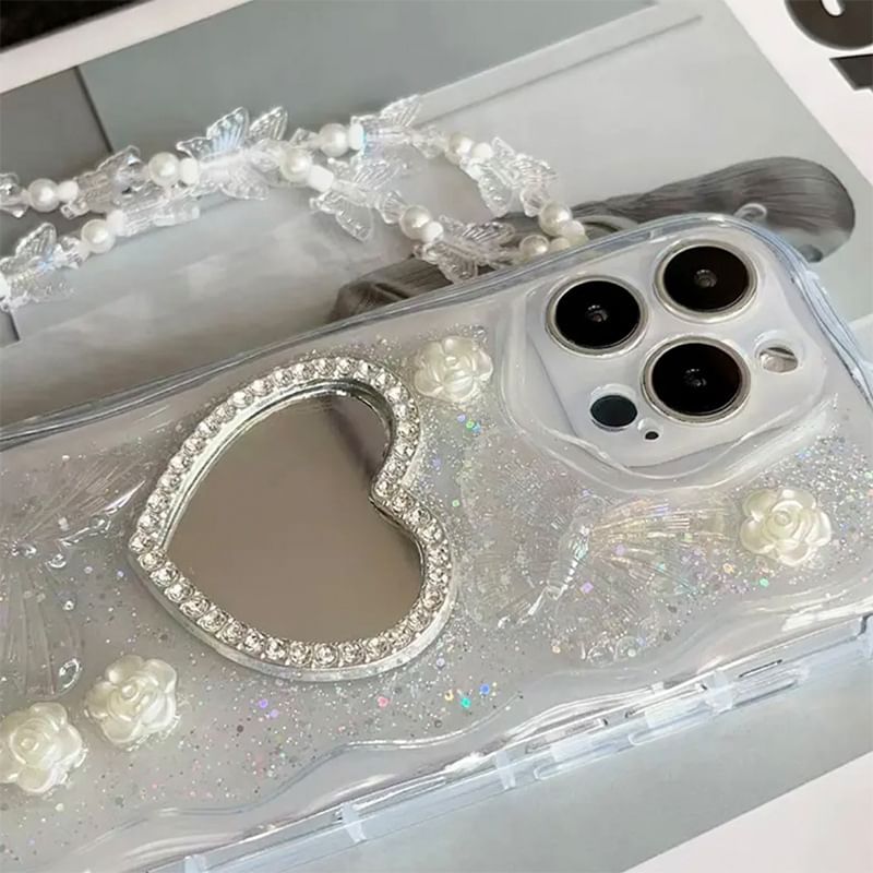 Strap Phone Mirrored Case Pearl / Faux Heart Set