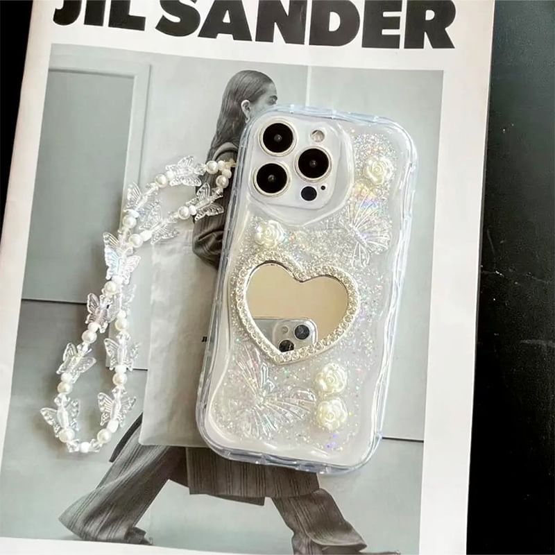 Strap Phone Mirrored Case Pearl / Faux Heart Set