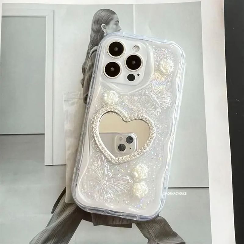 Strap Phone Mirrored Case Pearl / Faux Heart Set