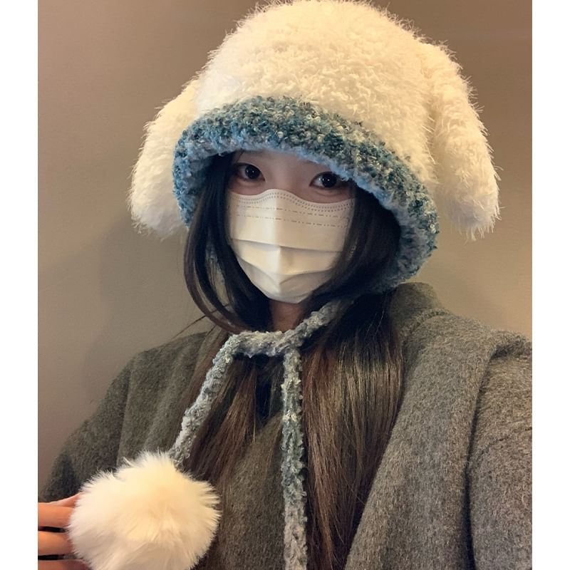 Panel Pom Knit Hat Rabbit Fluffy Ear