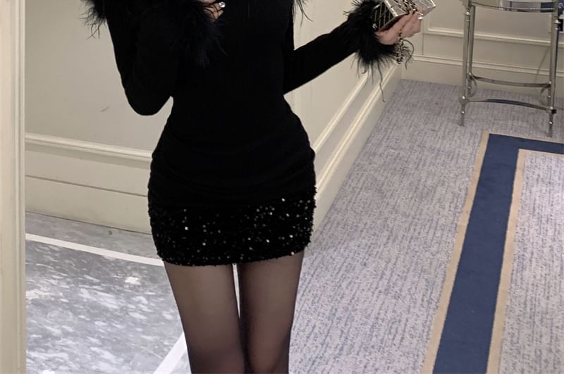 Wholesale Sample Long-Sleeve Off-Shoulder Plain Sequin Fluffy Trim Mini Sheath Dress