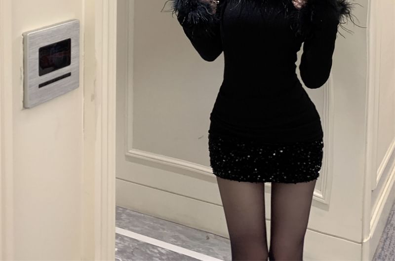 Wholesale Sample Long-Sleeve Off-Shoulder Plain Sequin Fluffy Trim Mini Sheath Dress