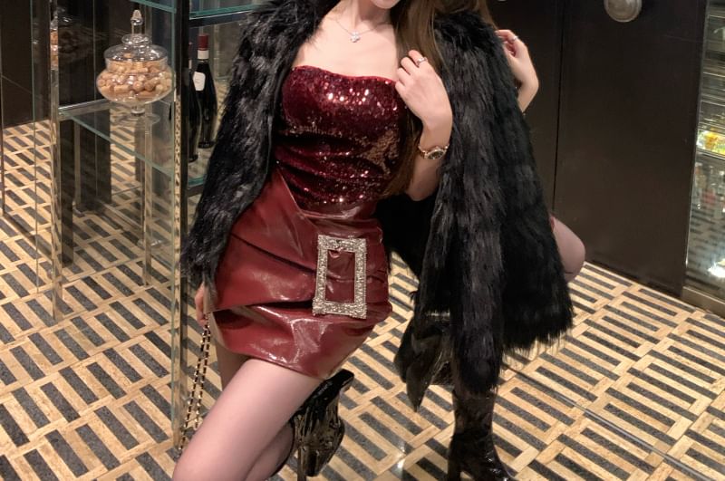 Sample Sequin Faux Leather Panel Mini Bodycon Tube Dress / Plain Fluffy Jacket