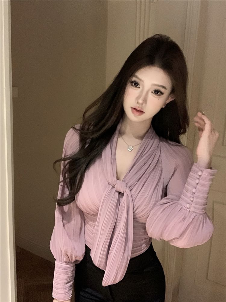 Sample Puff-Sleeve Tie-Neck Plain Ruched Blouse