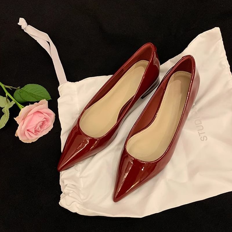 Pumps Heel Faux Plain Chunky Toe Pointed Leather