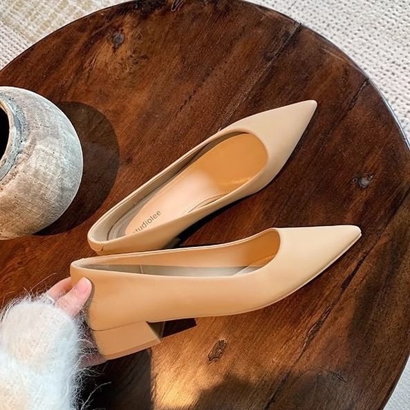 Pumps Heel Faux Plain Chunky Toe Pointed Leather