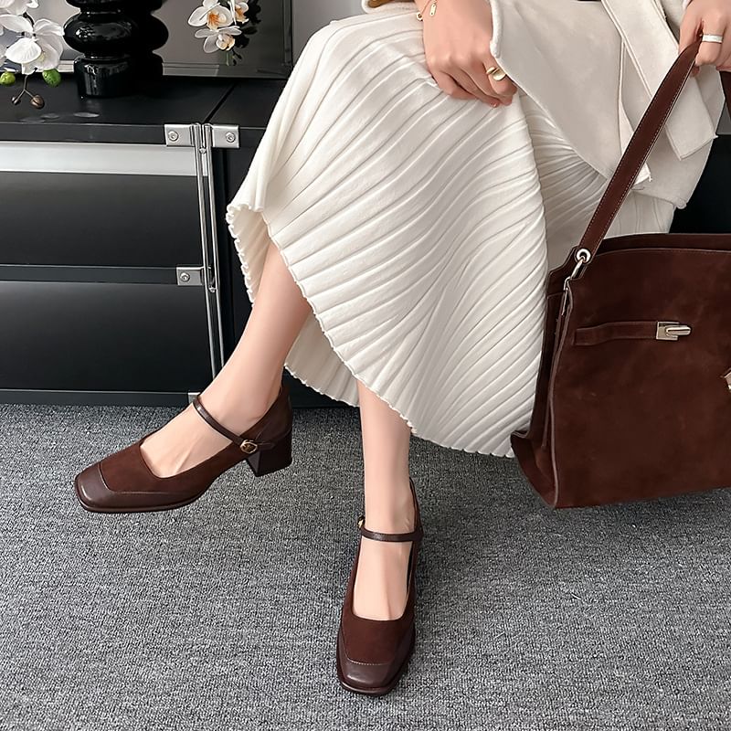 Plain Faux Leather Panel Chunky Pumps Jane Toe Heel Square Mary