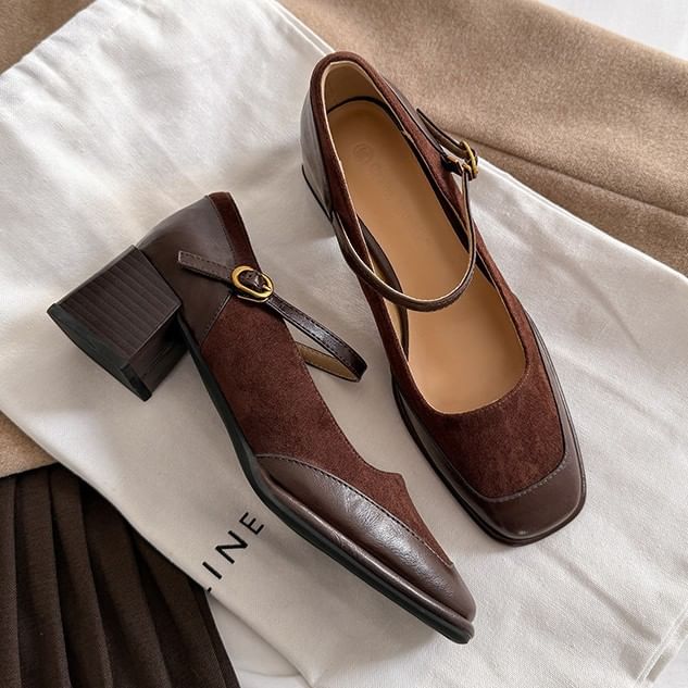 Plain Faux Leather Panel Chunky Pumps Jane Toe Heel Square Mary