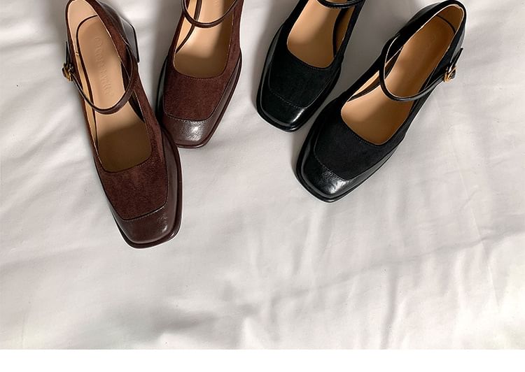 Plain Faux Leather Panel Chunky Pumps Jane Toe Heel Square Mary