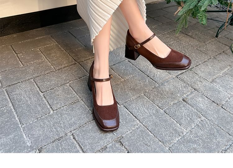 Plain Faux Leather Panel Chunky Pumps Jane Toe Heel Square Mary