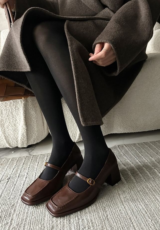Heel Square Jane Toe Mary Pumps Faux Plain Chunky Leather