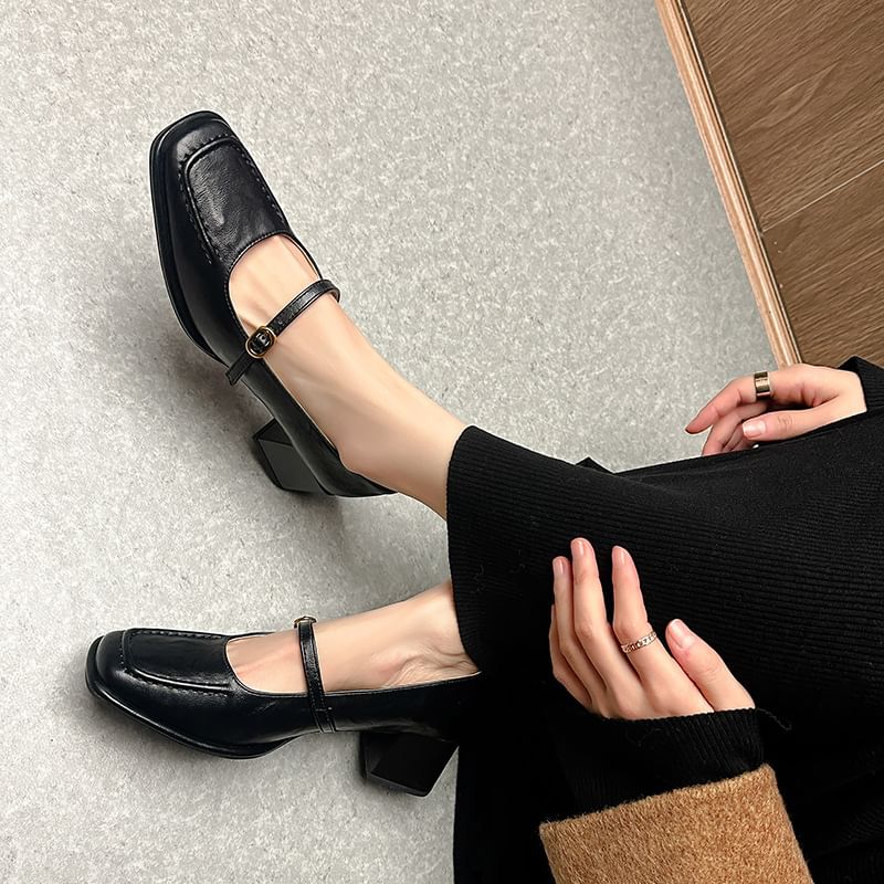 Heel Square Jane Toe Mary Pumps Faux Plain Chunky Leather