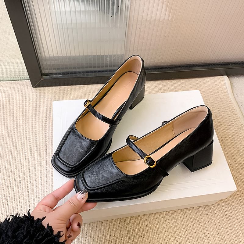 Heel Square Jane Toe Mary Pumps Faux Plain Chunky Leather