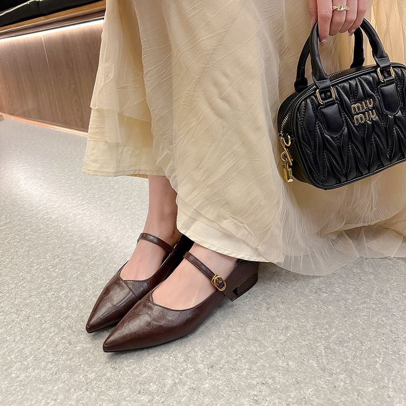Jane Plain Toe Mary Pumps Faux Buckled Low Leather Pointed Heel