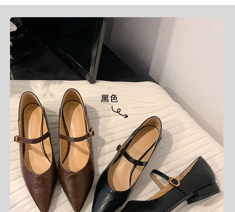 Jane Plain Toe Mary Pumps Faux Buckled Low Leather Pointed Heel