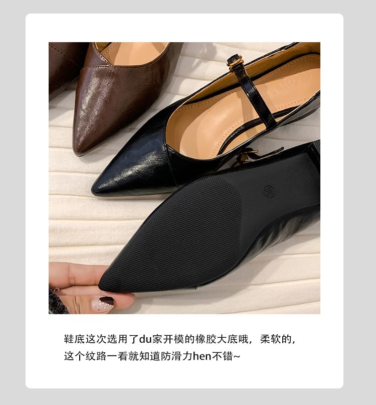 Jane Plain Toe Mary Pumps Faux Buckled Low Leather Pointed Heel