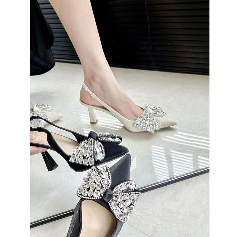 SamplePointed Toe Rhinestone Bow Slingback Pumps