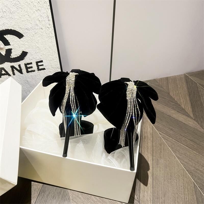 Sample Pointed Toe Platform Bow Rhinestone Fringe Ankle Strap Velvet Stiletto Pumps