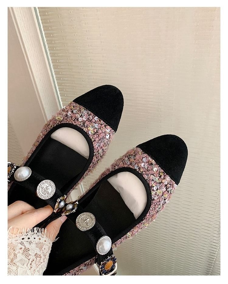 Sample Cap Toe Faux Pearl Tweed Mary Jane Flats