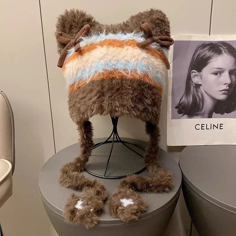 Cat Bow Fluffy Beanie Knit Ear