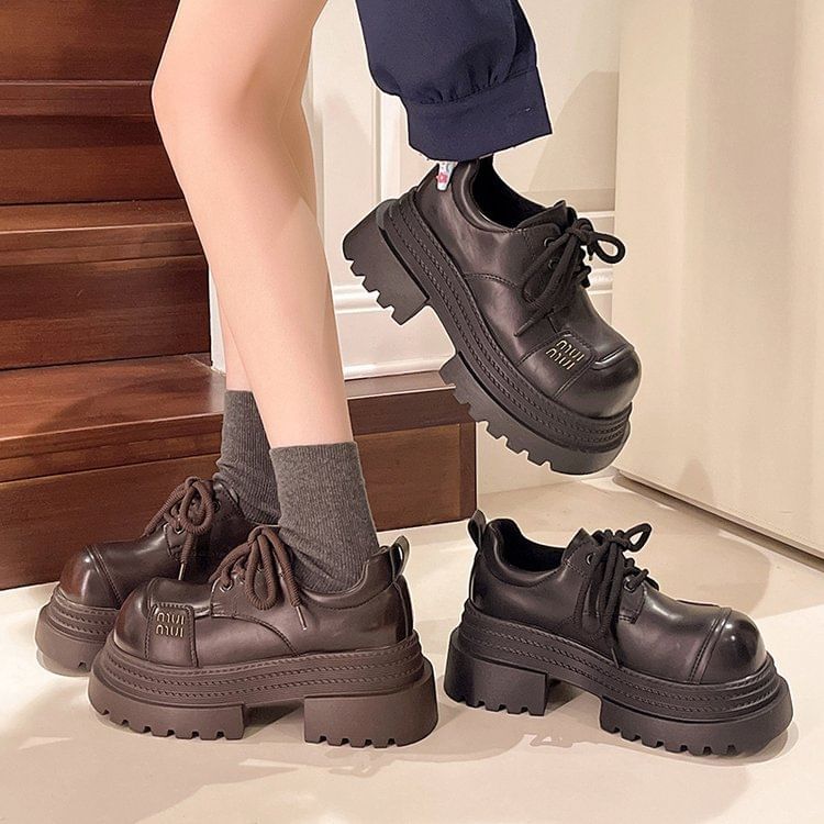 Lace-Up Plain Platform Faux Leather Shoes
