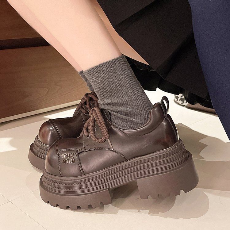 Lace-Up Plain Platform Faux Leather Shoes