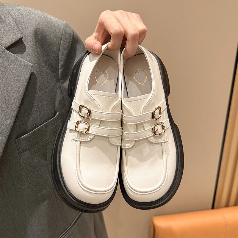 Faux Platform Buckled Leather Loafers