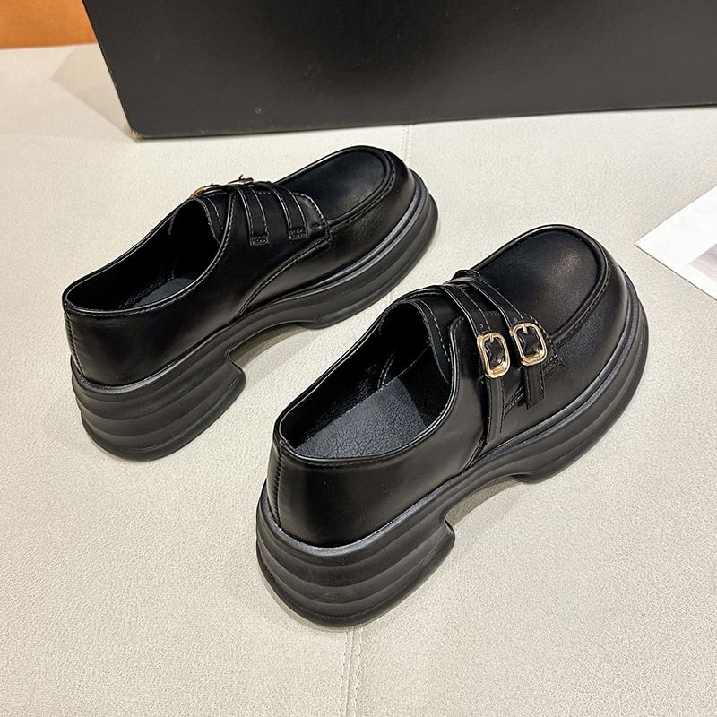 Faux Platform Buckled Leather Loafers