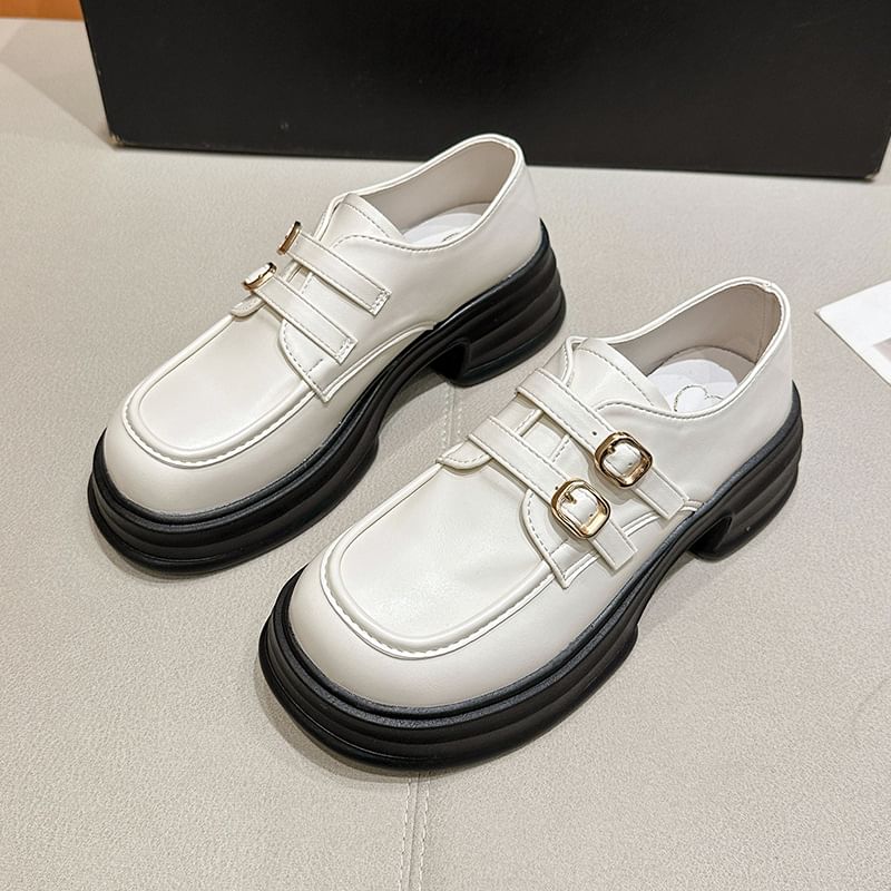 Faux Platform Buckled Leather Loafers