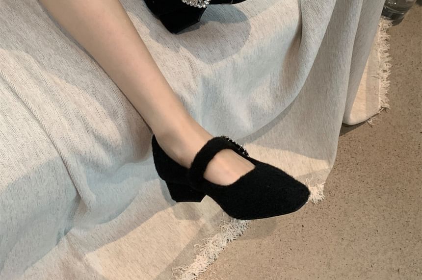 Square Toe Rhinestone Buckled Block Heel Mary Jane Pumps