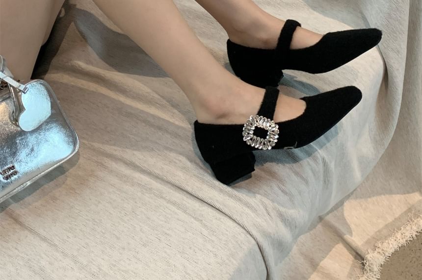Square Toe Rhinestone Buckled Block Heel Mary Jane Pumps