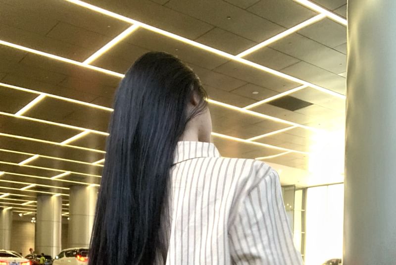 Striped Button Shirt / High Waist Up Leopard Long-Sleeve Collared