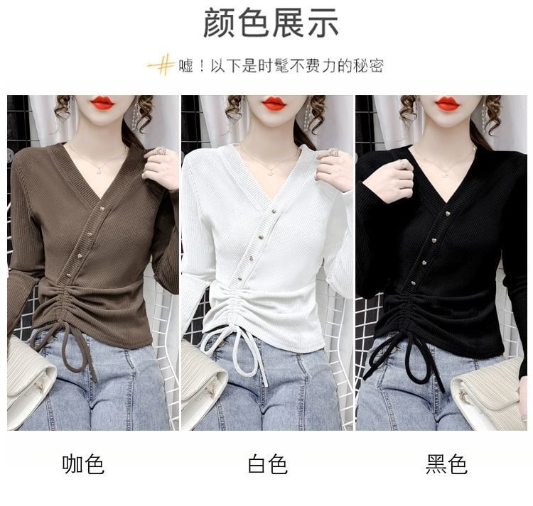 V-Neck Plain Asymmetrical Crop Long-Sleeve Top