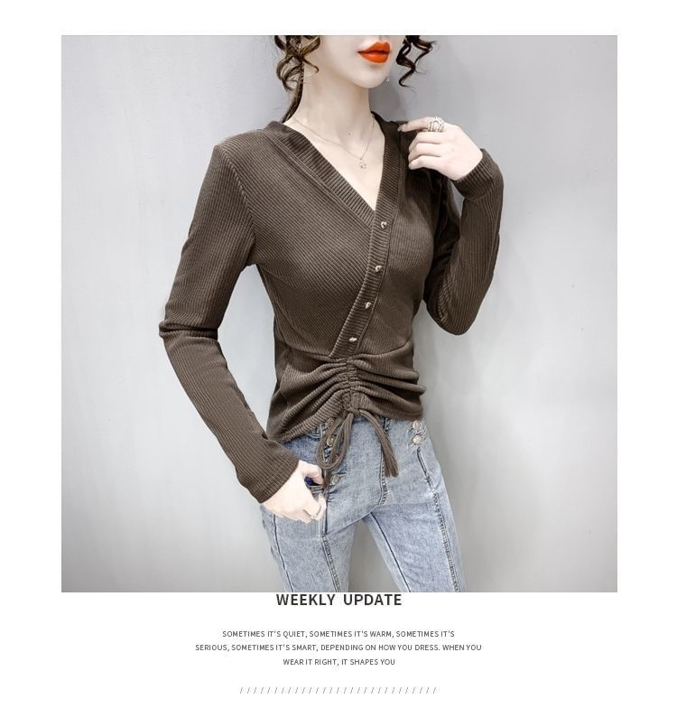 V-Neck Plain Asymmetrical Crop Long-Sleeve Top
