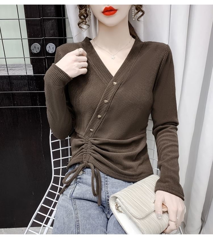V-Neck Plain Asymmetrical Crop Long-Sleeve Top