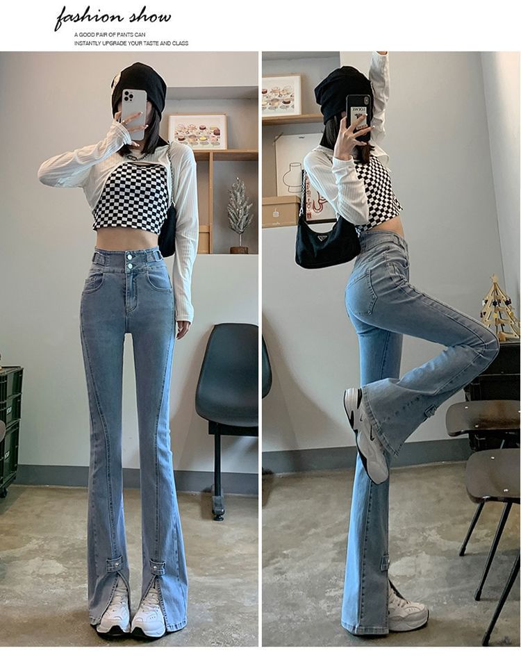 Hem High Slit Waist Jeans Flared