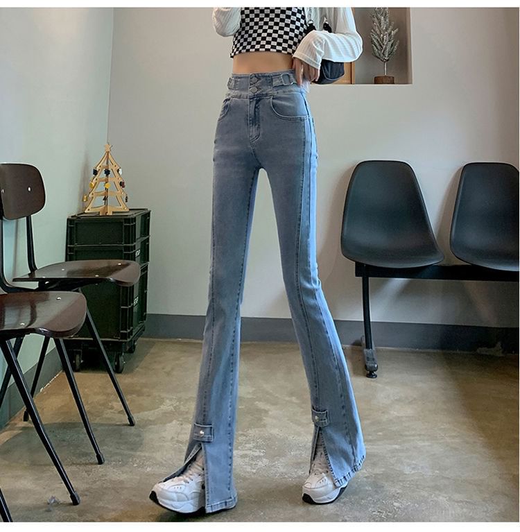 Hem High Slit Waist Jeans Flared