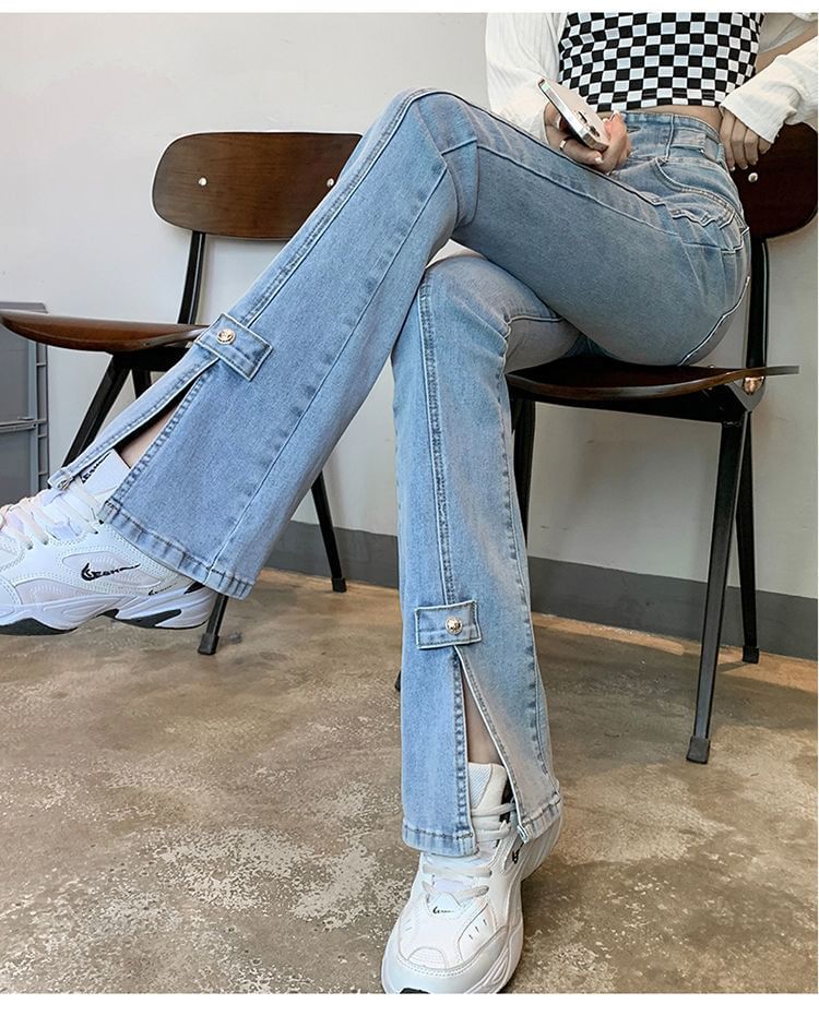 Hem High Slit Waist Jeans Flared
