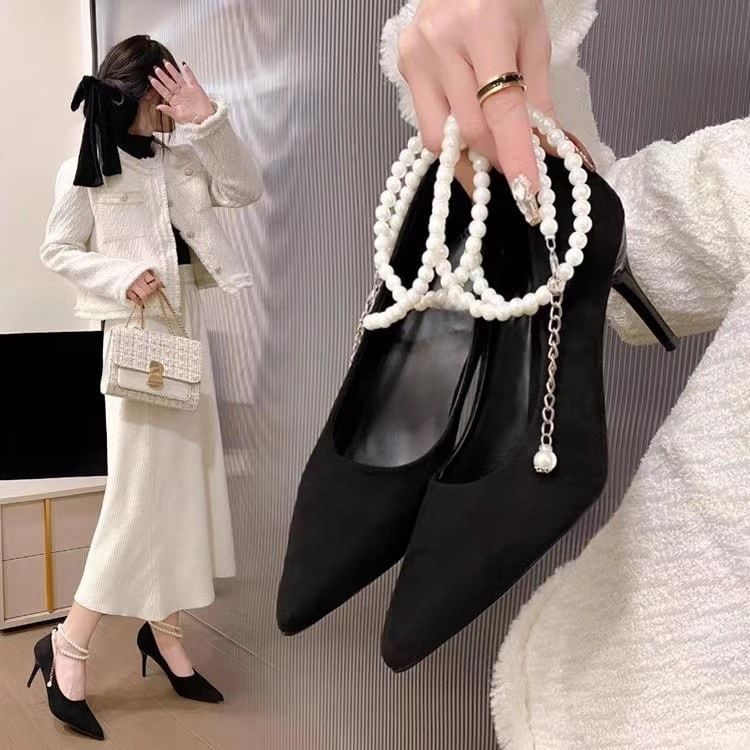 Pointy Faux Pearl Strap Stiletto Heel Pumps