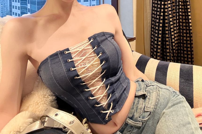 Sample Striped Lace Panel Lace-Up Denim Tube Top