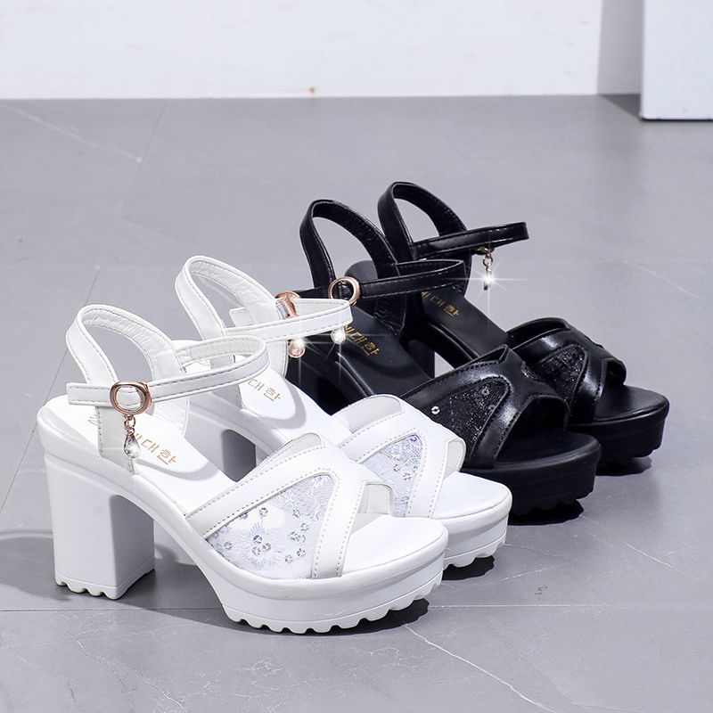 Platform Sequined Chunky Heel Sandals