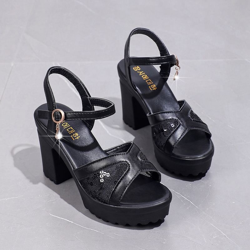 Platform Sequined Chunky Heel Sandals