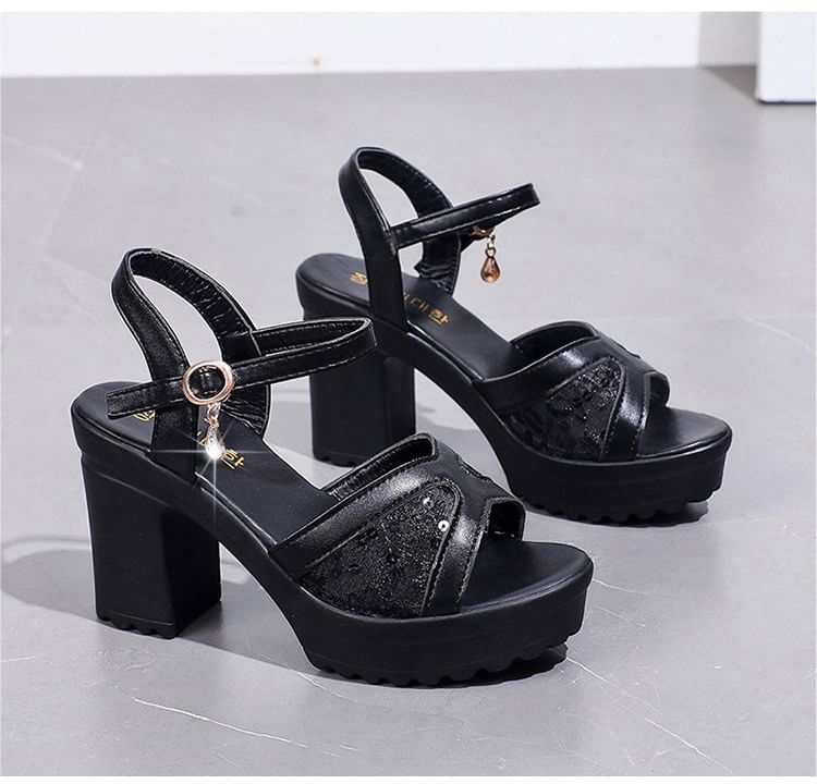Platform Sequined Chunky Heel Sandals