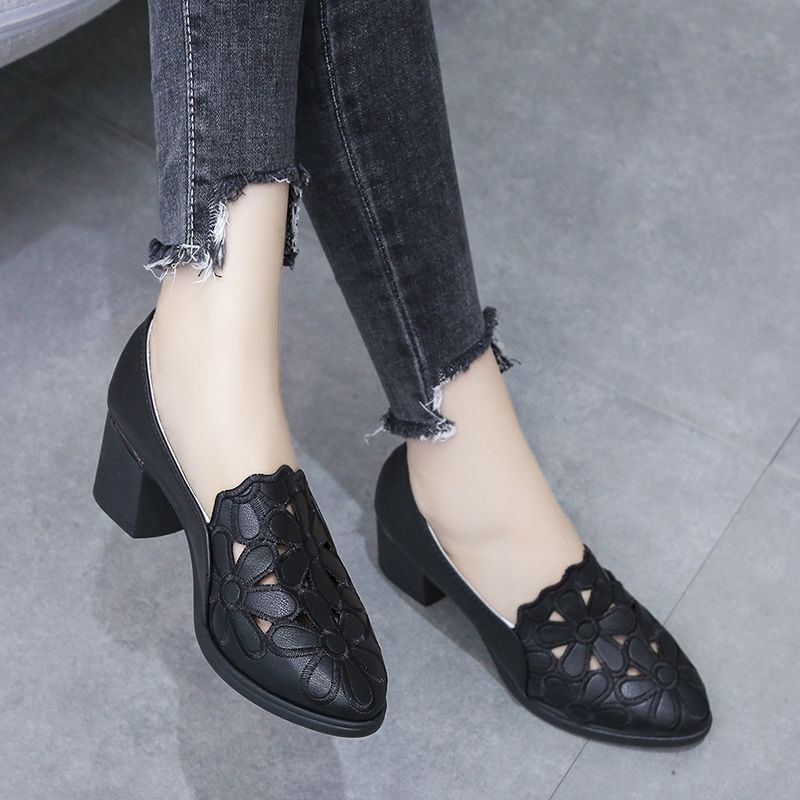 Floral Heel Pumps Chunky Embroidered