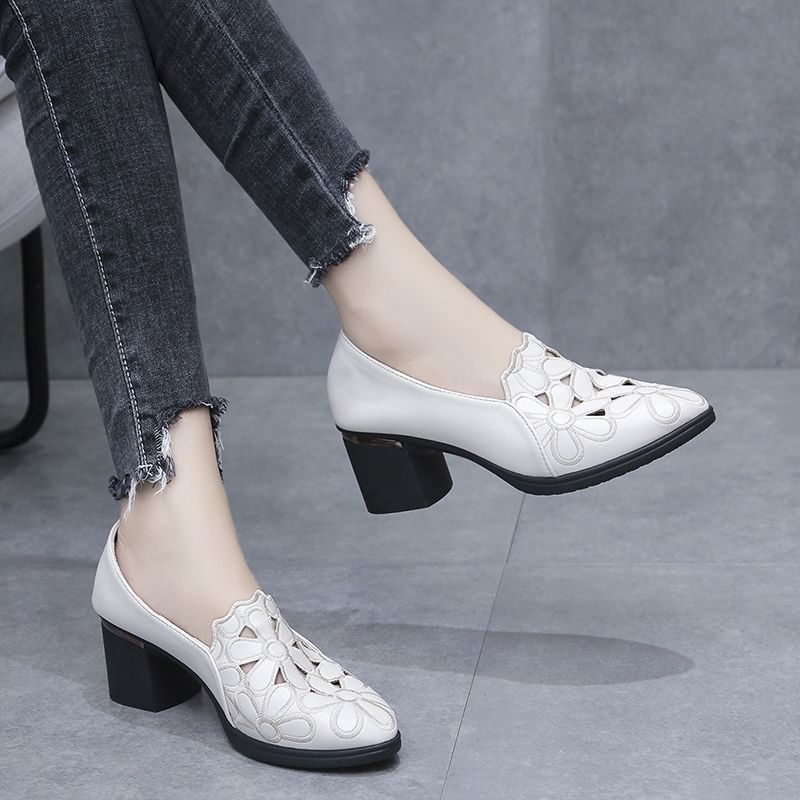 Floral Heel Pumps Chunky Embroidered