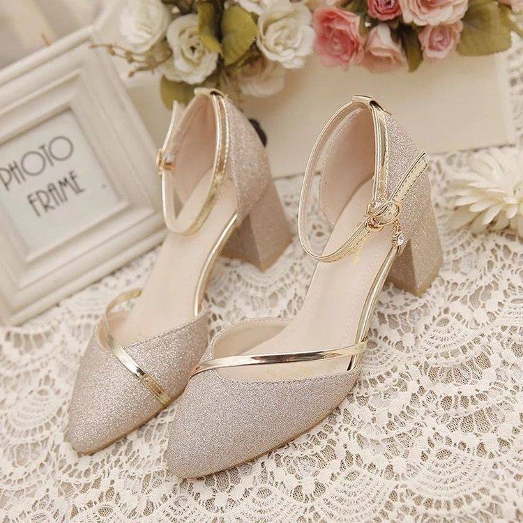 Strap Heel Ankle Pumps Glitter Chunky
